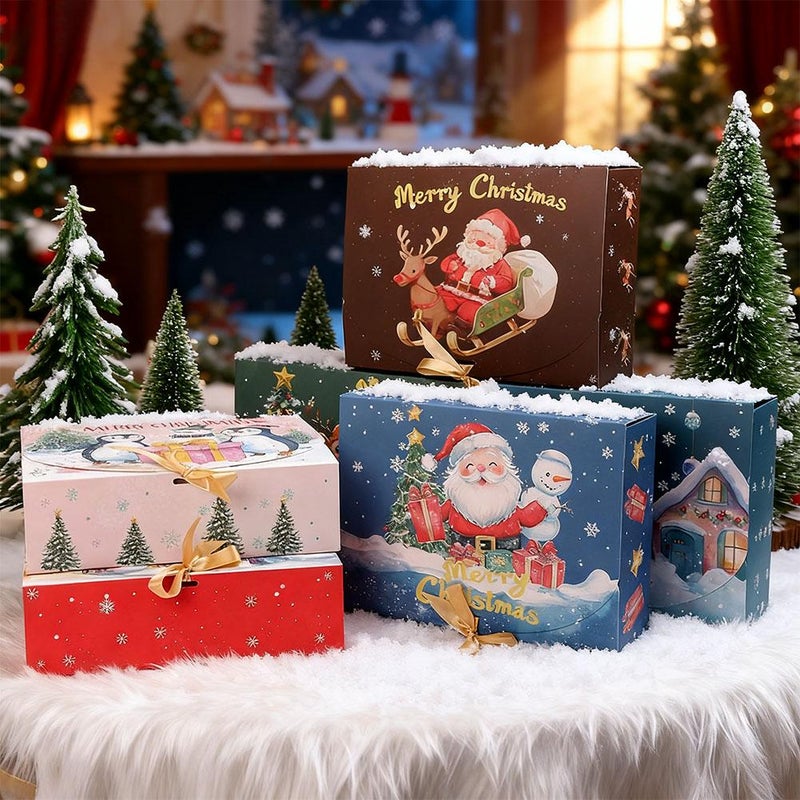 12Pack Christmas Boxes for Gifts with Lids,Christmas Kraft Paper Gift Box Snowman Santa Claus Penguin Elk Box with Gold Ribbon,Xmas Themed Pattern Small Gift Boxes for Xmas Party Present Packaging - Image 5